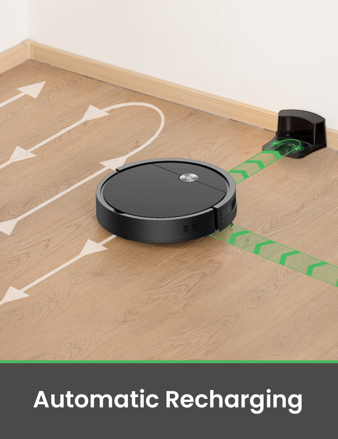 Robotic vacuum cleaner on a wooden floor with automatic recharging station.