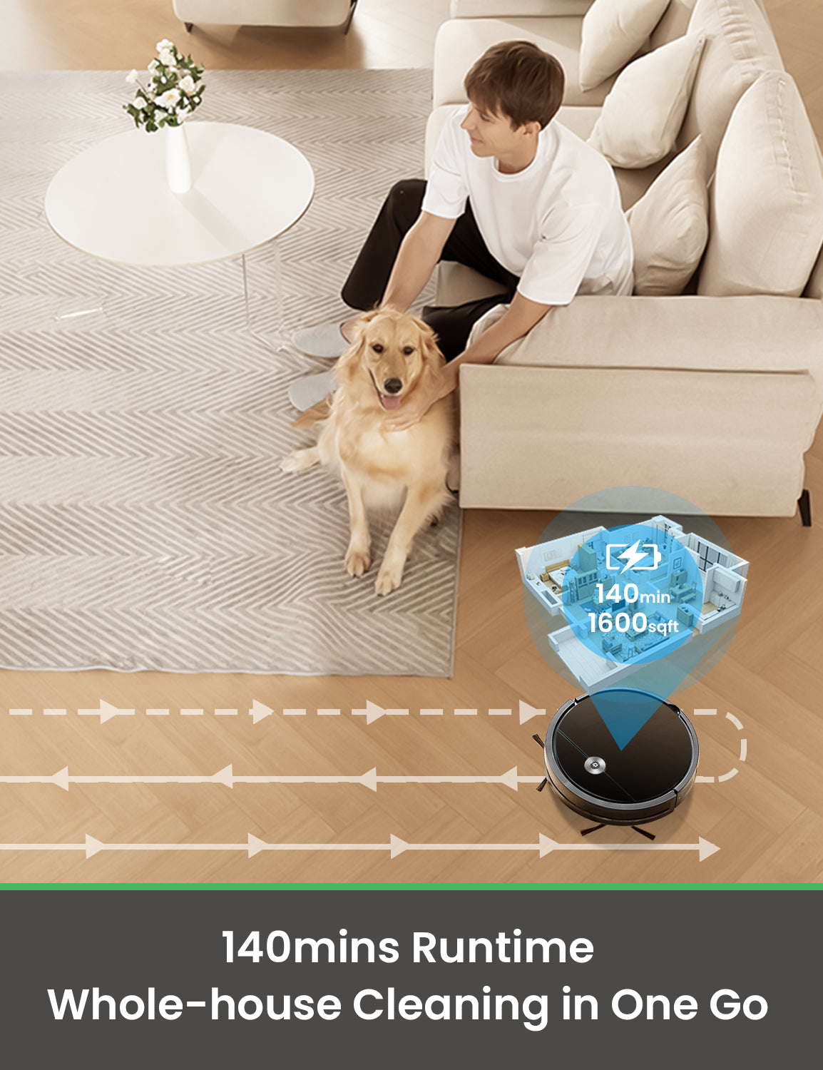 Person sitting on a couch with a dog, robot vacuum cleaner cleaning the floor, and text about runtime and cleaning capabilities.