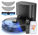Robotic vacuum cleaner with remote control and smartphone app on a white background