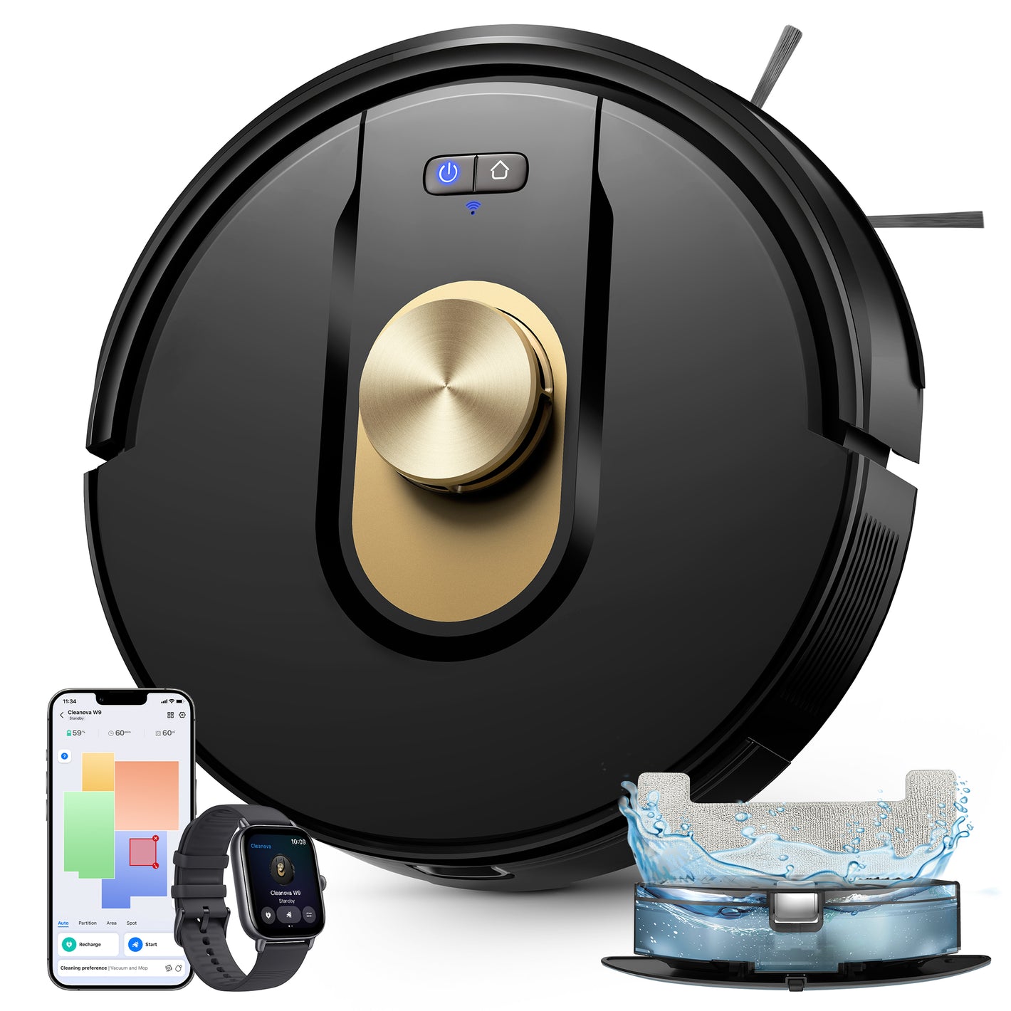 Robotic vacuum cleaner with smartphone, smartwatch, and cleaning dock on a white background