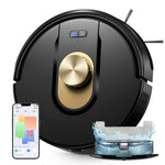 Robotic vacuum cleaner with smartphone app and water tank illustration on a white background