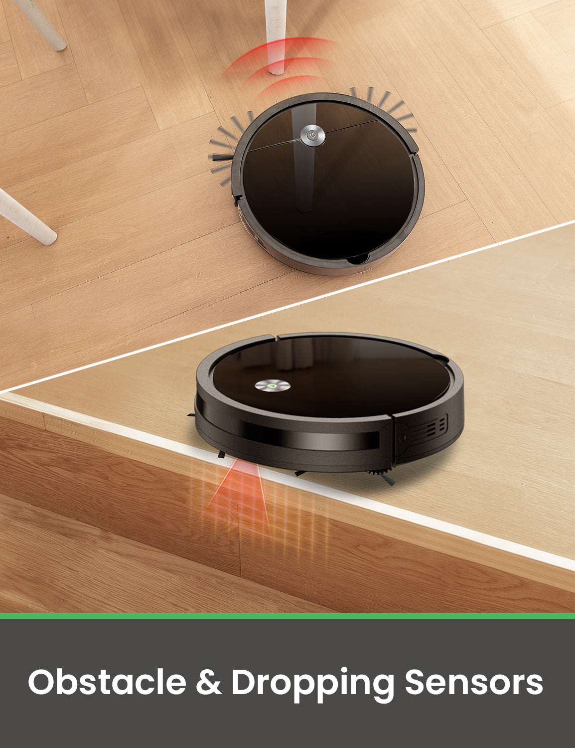 Robot vacuum cleaning a wooden floor with obstacle and dropping sensors highlighted.