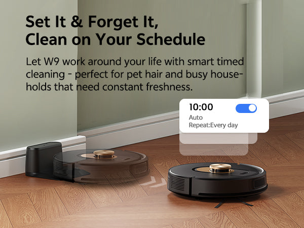 Robotic vacuum cleaner on a wooden floor with scheduling interface and text about smart timed cleaning.