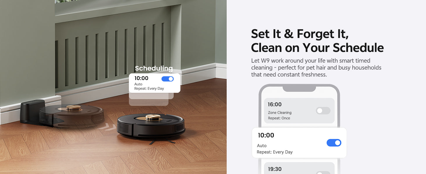Robotic vacuum cleaner on a wooden floor with scheduling interface on the right.