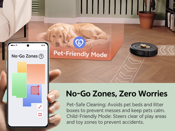 Smart home device with app on phone showing pet-friendly mode and no-go zones feature.