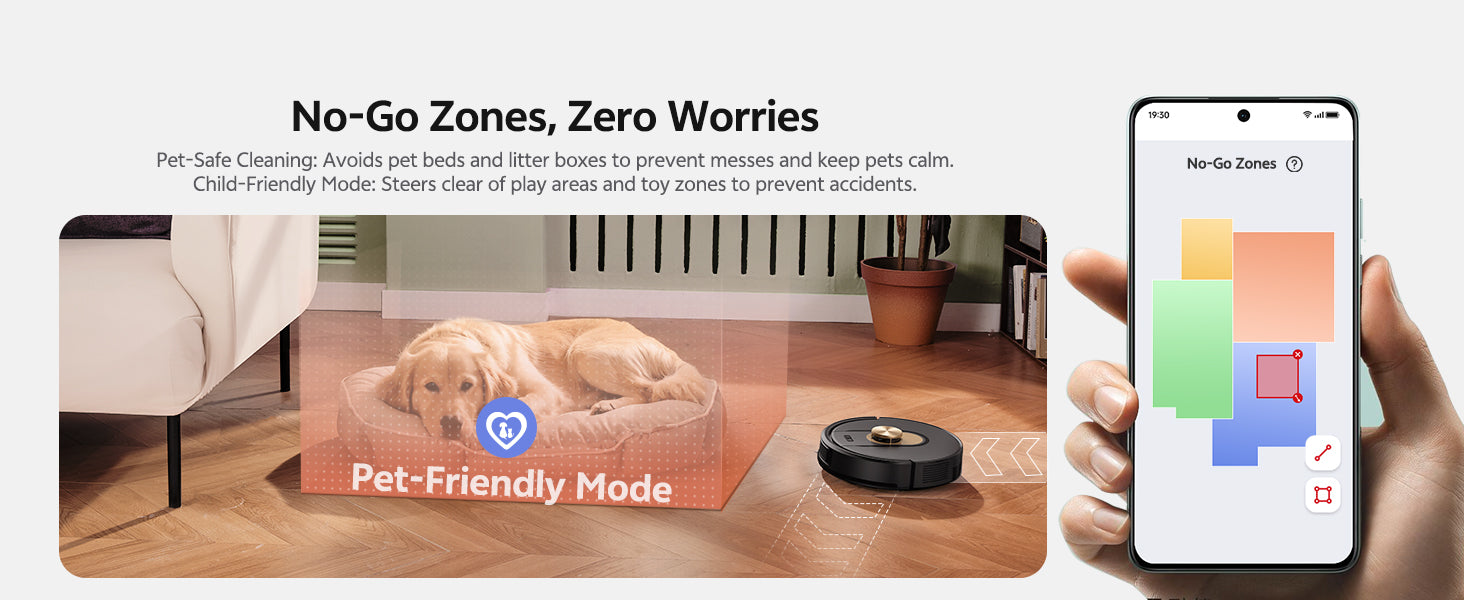 Smart home device with app on smartphone showing 'No-Go Zones, Zero Worries' feature.
