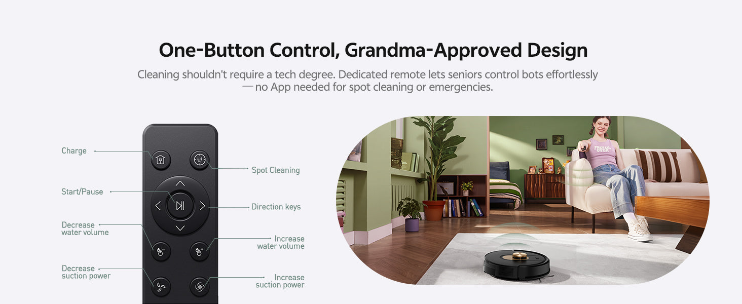 Remote control with buttons labeled for cleaning functions, shown in a living room setting.