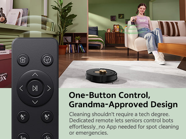 Remote control with buttons and a robot vacuum cleaner on a rug, with a person in the background.