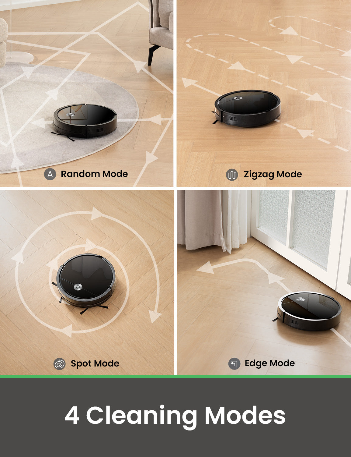 Robot vacuum cleaner demonstrating different cleaning modes on a wooden floor.
