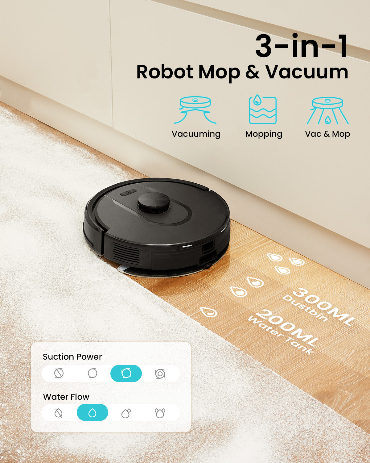 3-in-1 robot mop and vacuum cleaning a floor with features highlighted.