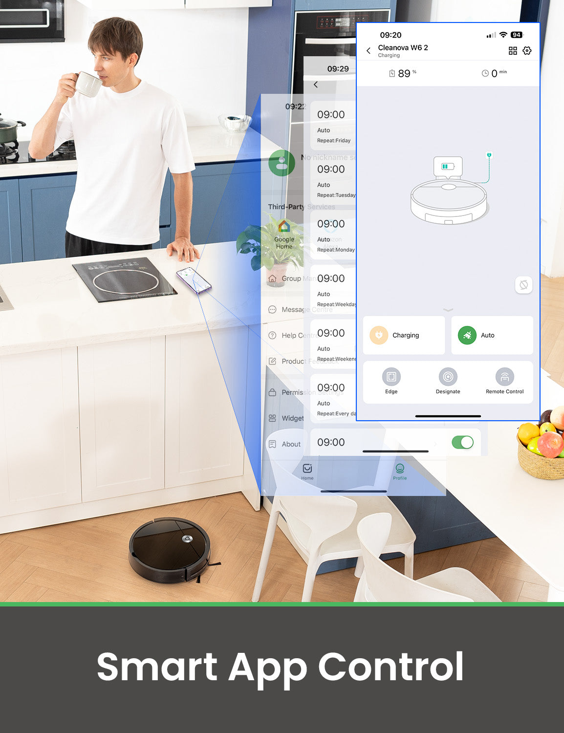 Person using a smart app on a smartphone in a kitchen with a robot vacuum cleaner.