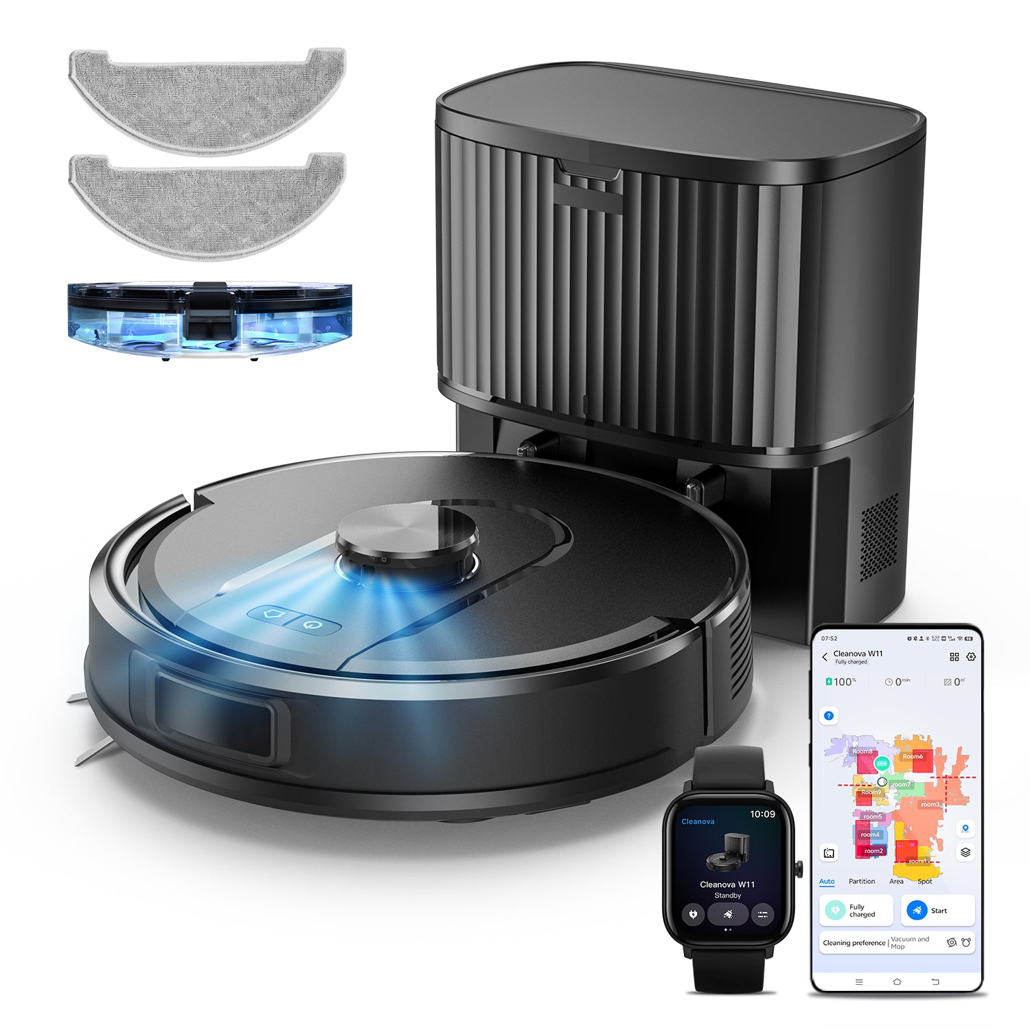 Vactidy & Vexilar | Robotic vacuum cleaner with attachments and smartphone app on a white background