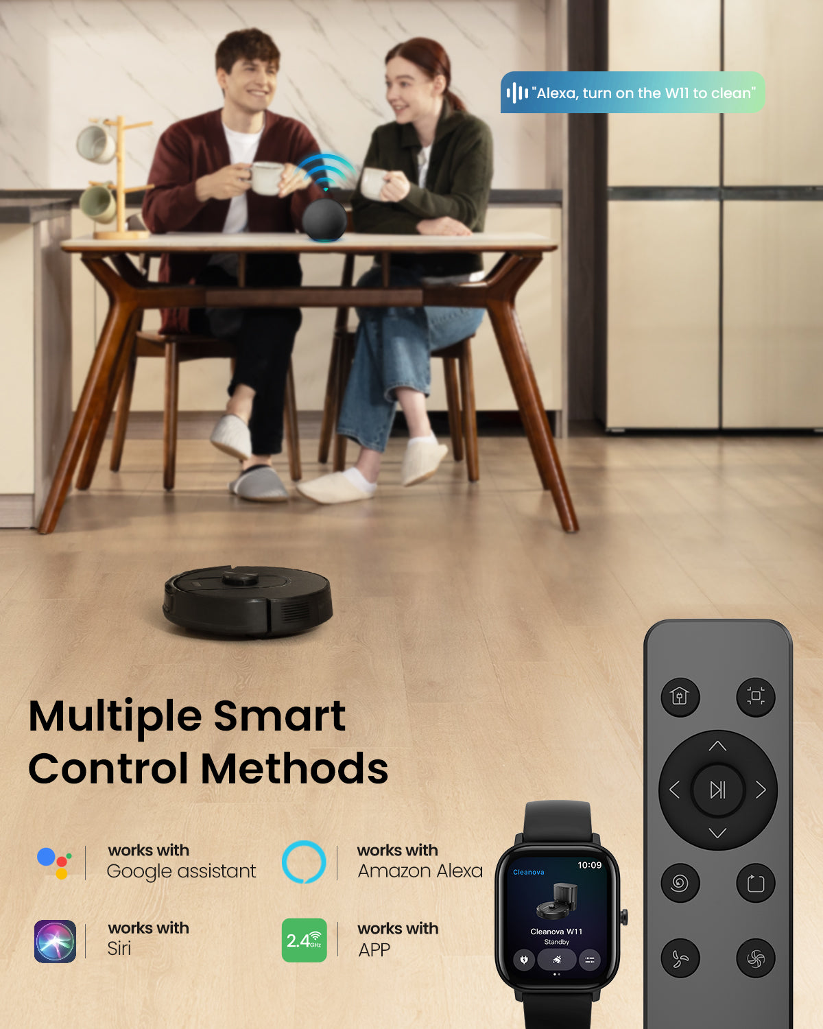 Two people sitting at a table with a robot vacuum cleaner, remote control, and smart watch displayed.