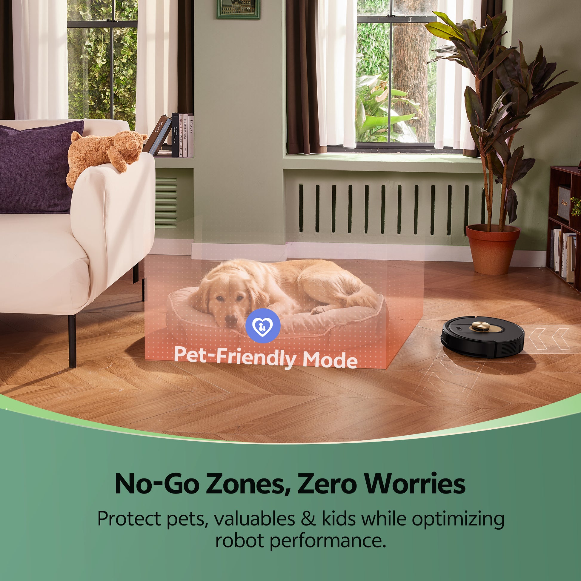 Living room with a dog on a mat, robot vacuum cleaner, and text about pet-friendly mode.