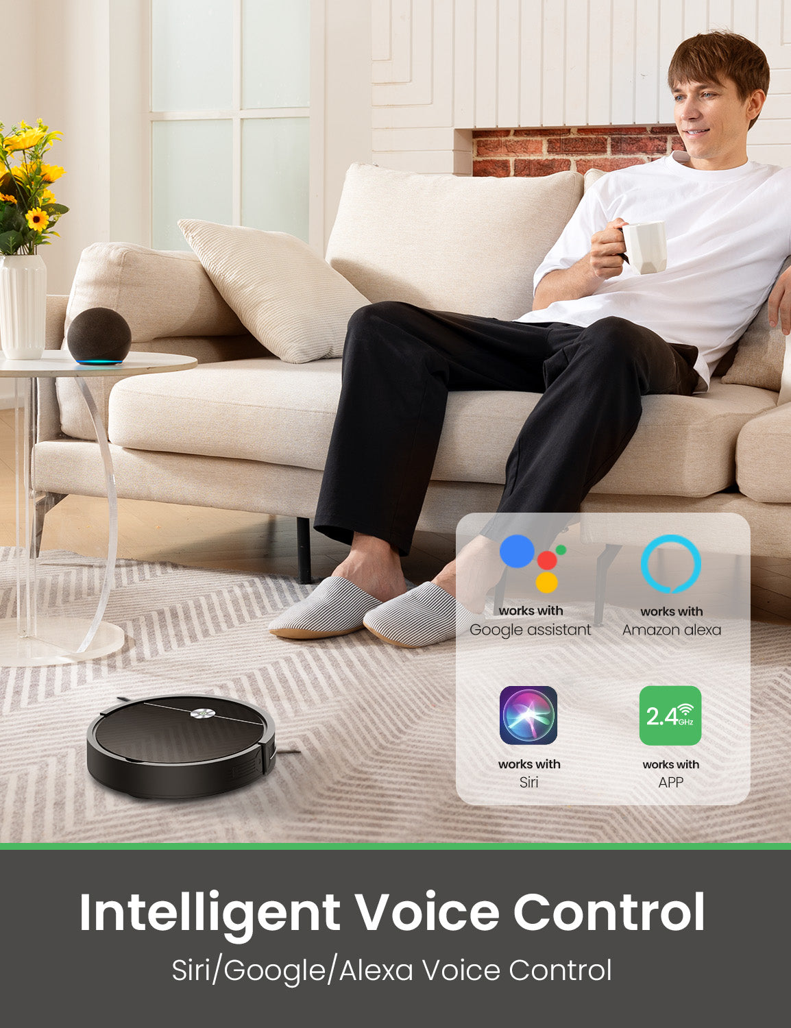 Person sitting on a couch with a coffee cup, surrounded by smart home devices, including a robot vacuum cleaner.