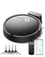 Robotic vacuum cleaner with remote control and smartphone app on a white background