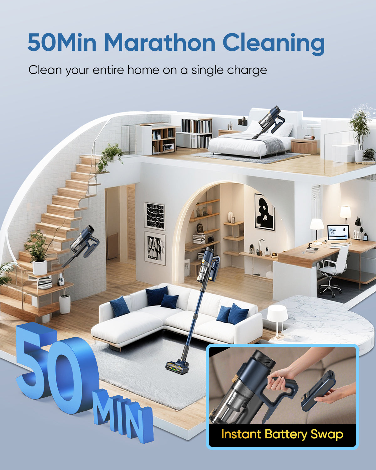 Vacuum cleaner with 50-minute cleaning capability in a modern living room setting.