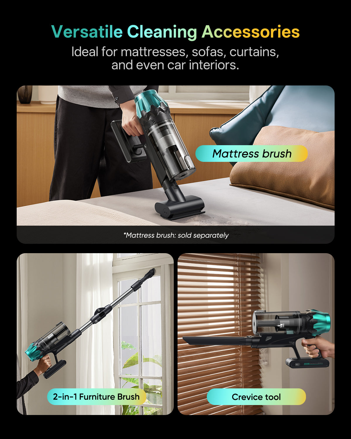 Vacuum cleaner with attachments for cleaning mattresses, sofas, curtains, and car interiors.