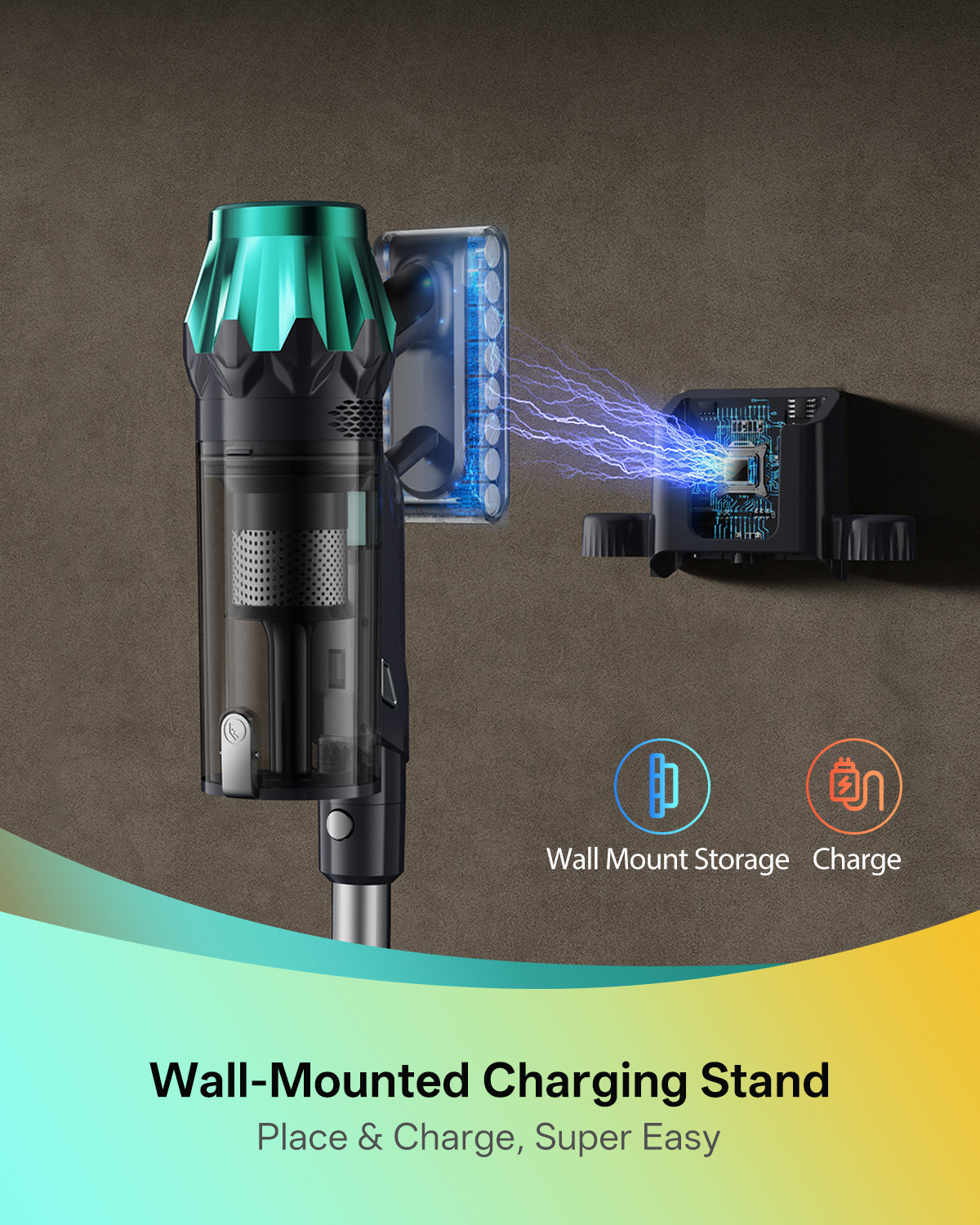 Wall-mounted charging stand for electronic devices with text 'Wall-Mounted Charging Stand' on a gradient background.