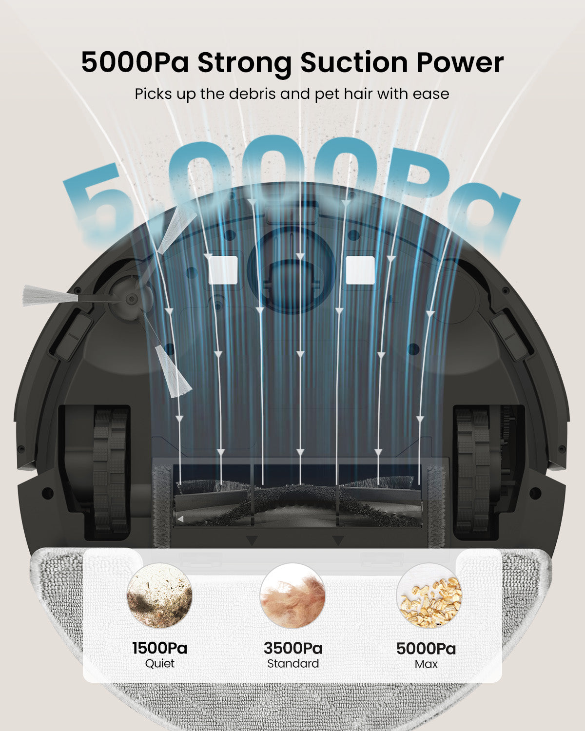 Robotic vacuum cleaner with 5000Pa suction power illustration on a beige background