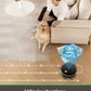 Person sitting on a couch with a dog, robot vacuum cleaner cleaning the floor, and text about runtime and cleaning capabilities.