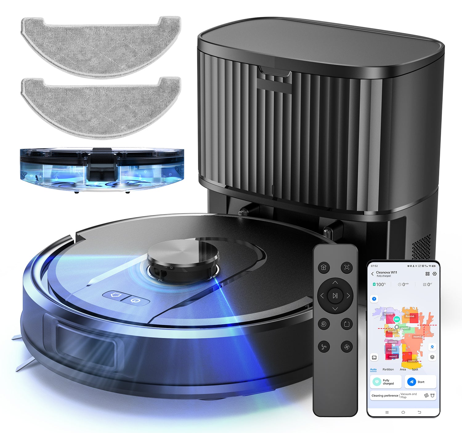 Robotic vacuum cleaner with remote control and smartphone app on a white background