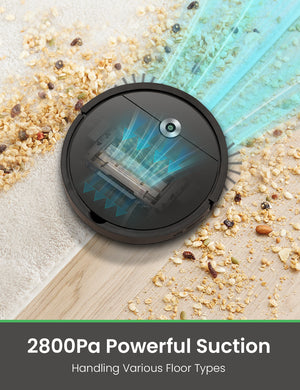 Vactidy & Vexilar | Robotic vacuum cleaner cleaning a floor with debris, 2800Pa powerful suction capability.