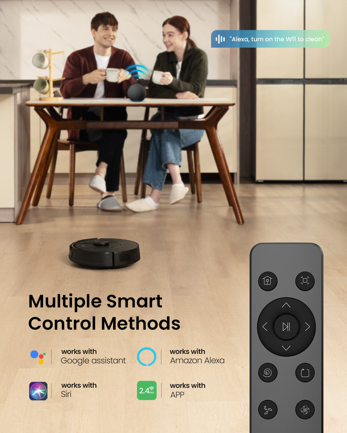 Two people sitting at a table with a robot vacuum cleaner and remote control, featuring smart control methods.