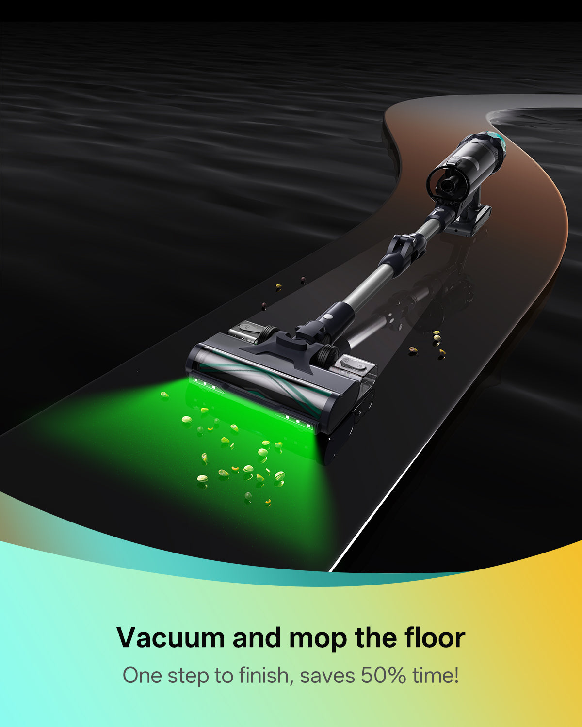 Vacuum cleaner with mop attachment cleaning a floor, with text indicating time-saving feature.