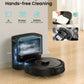 Robotic vacuum cleaner with self-emptying station on a wooden floor, highlighting features like dust collection and cleaning duration.