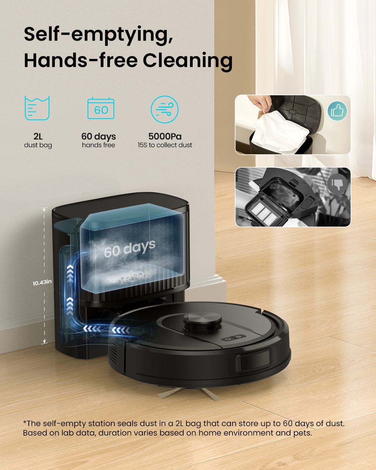 Robotic vacuum cleaner with self-emptying station on a wooden floor, highlighting features like dust collection and cleaning duration.