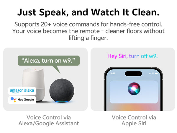 Advertisement for voice-controlled cleaning device with Alexa, Google Assistant, and Apple Siri integration.