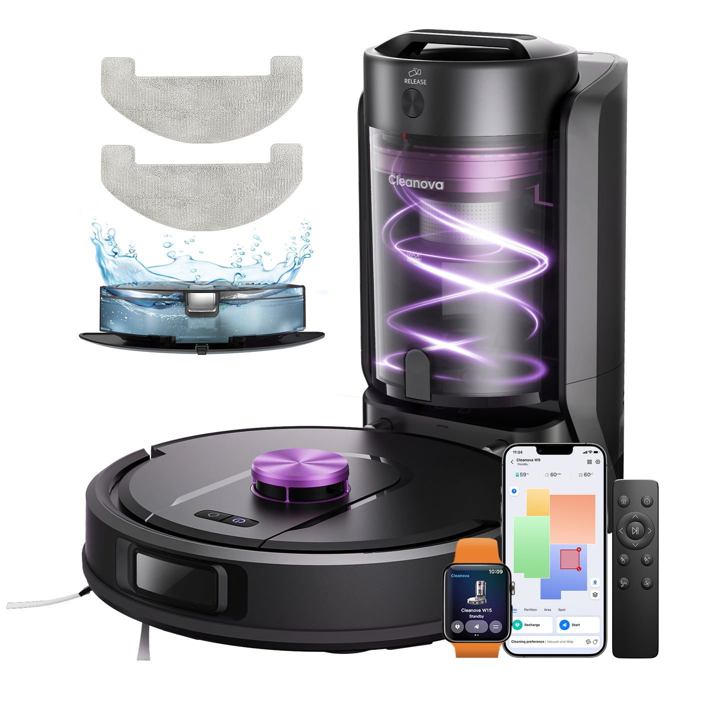 Robotic vacuum cleaner with attachments and smartphone app on a white background
