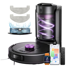 Robotic vacuum cleaner with attachments and smartphone app on a white background
