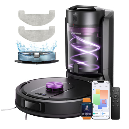 Robotic vacuum cleaner with attachments and smartphone app on a white background