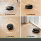 Robot vacuum cleaner demonstrating different cleaning modes on a wooden floor.