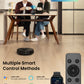 Two people sitting at a table with a robot vacuum cleaner, remote control, and smart watch displayed.