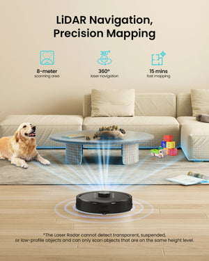 Robotic vacuum cleaner with LiDAR navigation technology in a living room setting.