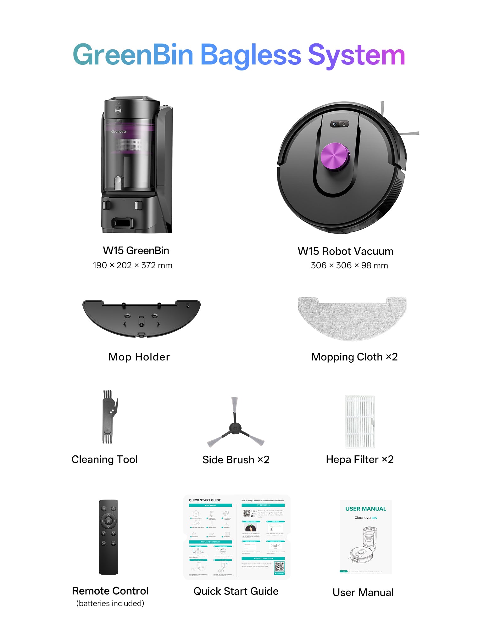 GreenBin Bagless System components including W15 GreenBin, robot vacuum, mop holder, mopping cloth, cleaning tool, side brush, hepa filter, remote control, quick start guide, and user manual on a white background.