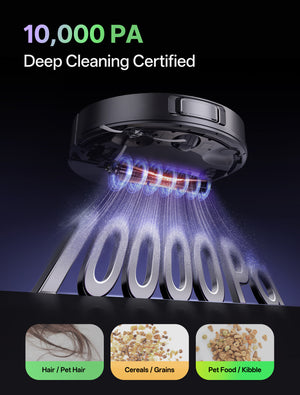 Cleaning device with '10,000 PA Deep Cleaning Certified' text and images of hair, cereals, and pet food.