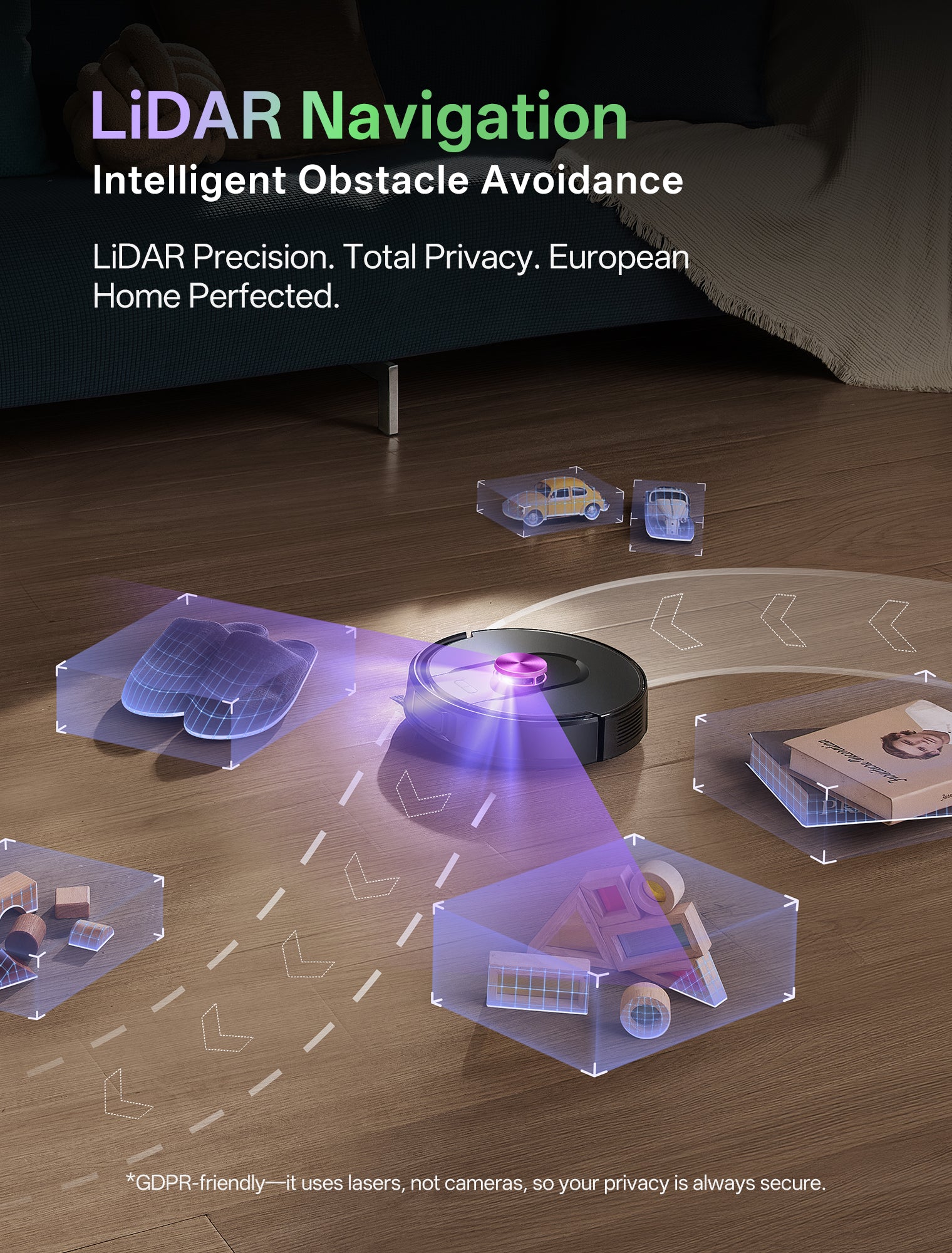 Robotic vacuum cleaner with LiDAR technology on a wooden floor, surrounded by obstacles.