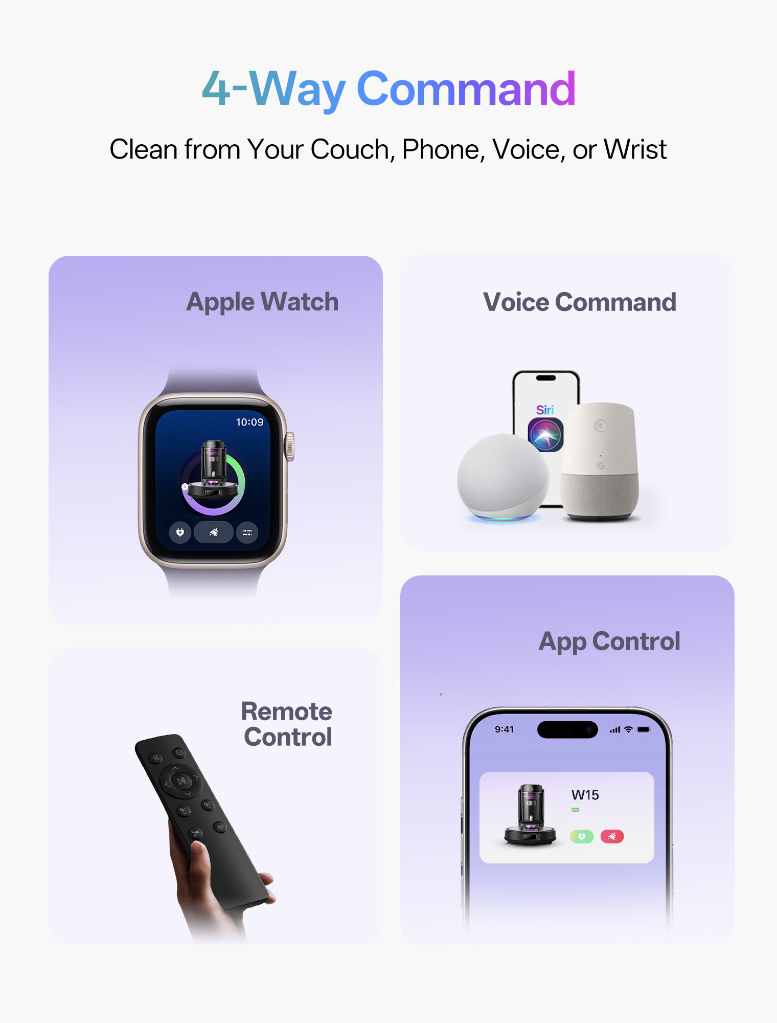 Illustration of a smart device control system with Apple Watch, remote control, and smartphone app on a light purple background.