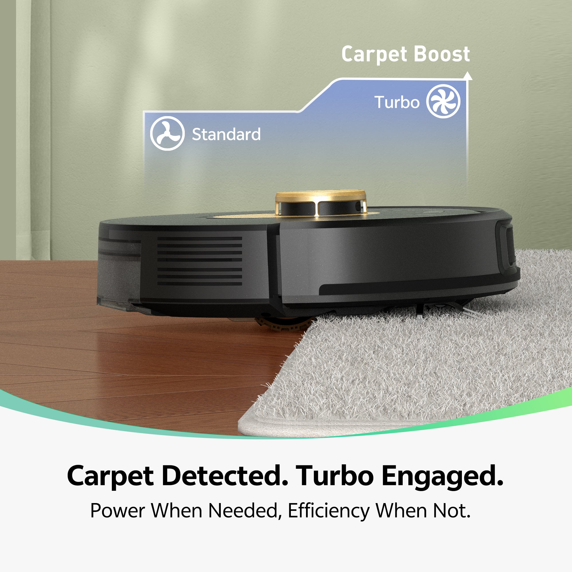 Robot vacuum cleaner on a carpet with text indicating 'Carpet Boost' and 'Turbo' modes.