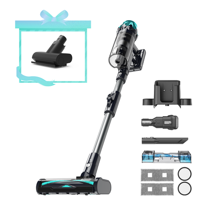 Stylized image of a vacuum cleaner with attachments on a white background