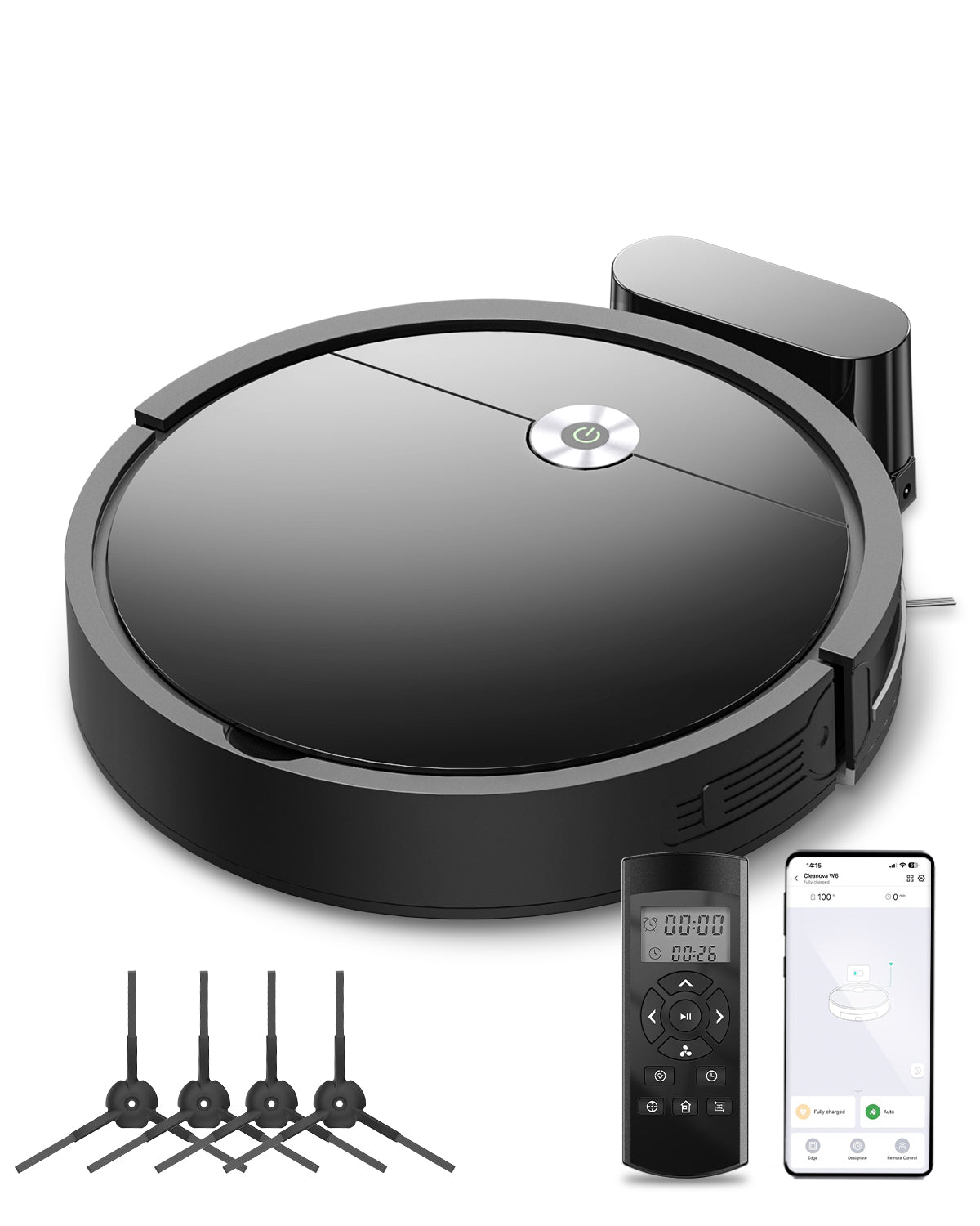 Robotic vacuum cleaner with remote control and smartphone app on a white background