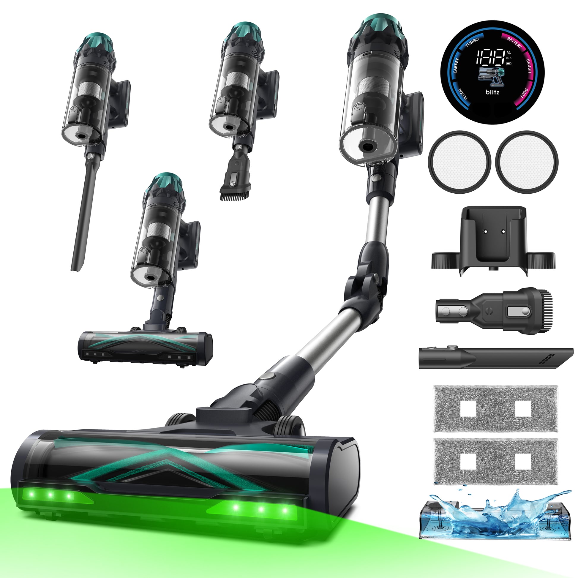 Multifunctional vacuum cleaner with various attachments on a white background